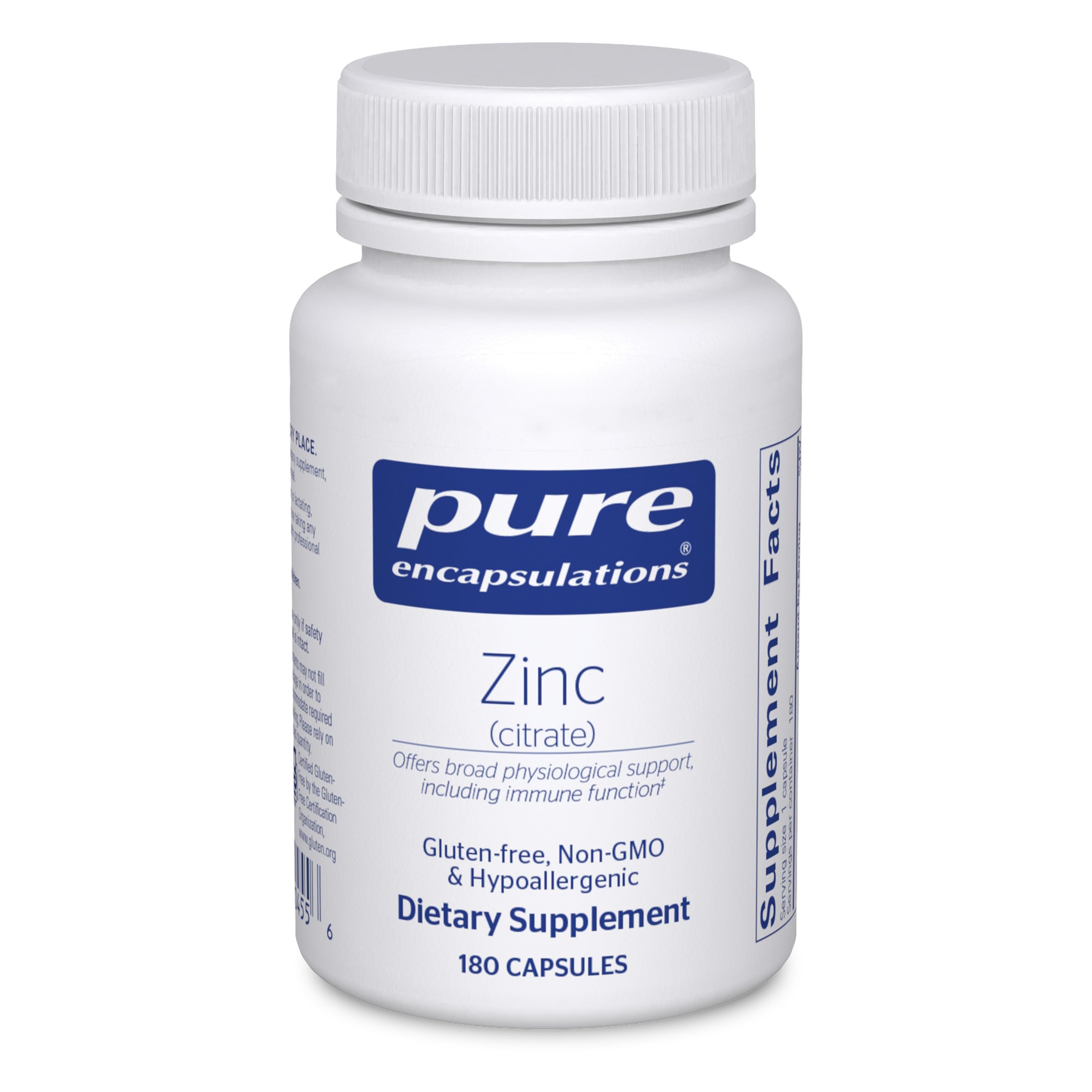 Pure Encapsulations Zinc citrate bottle highlighting highly absorbable zinc for immune support