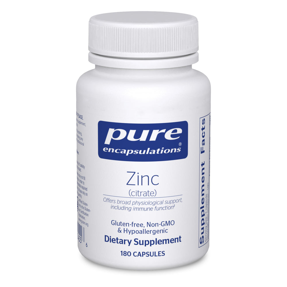 Pure Encapsulations Zinc citrate bottle highlighting highly absorbable zinc for immune support