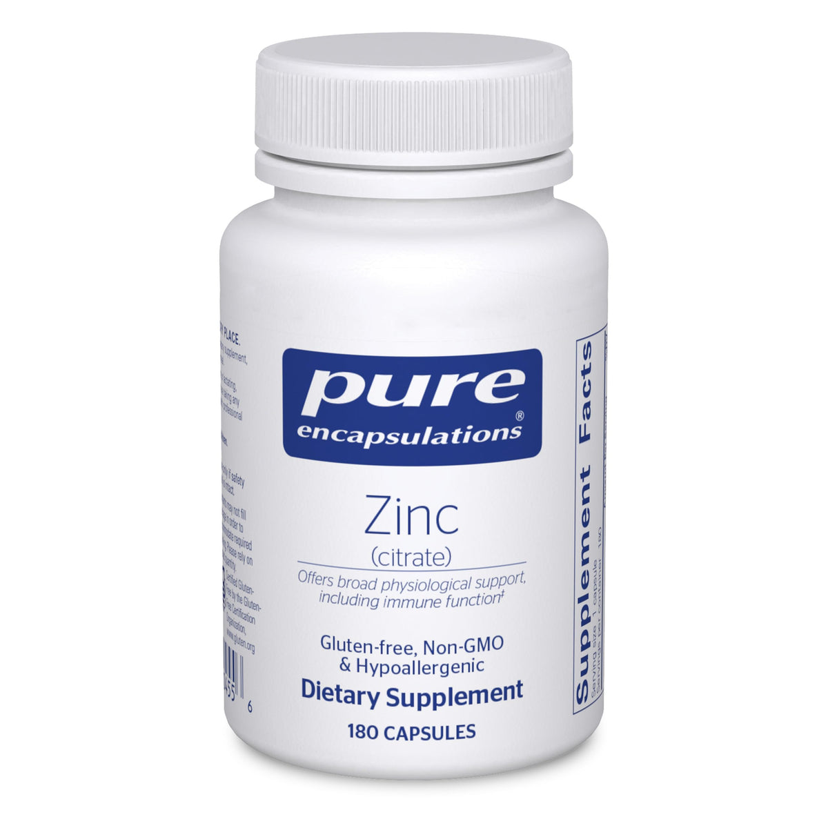 Pure Encapsulations Zinc citrate bottle highlighting highly absorbable zinc for immune support