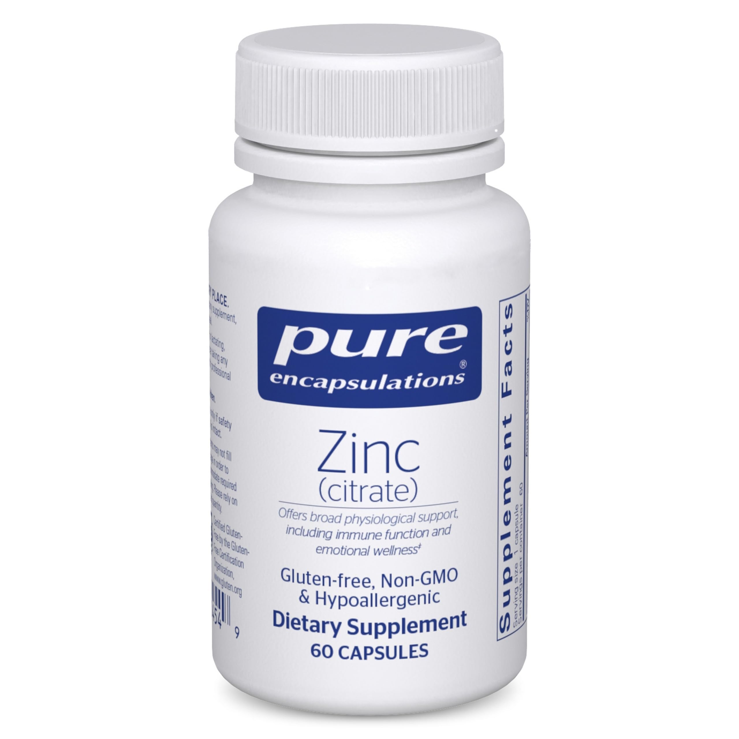Pure Encapsulations Zinc citrate bottle highlights immune support and high absorption.