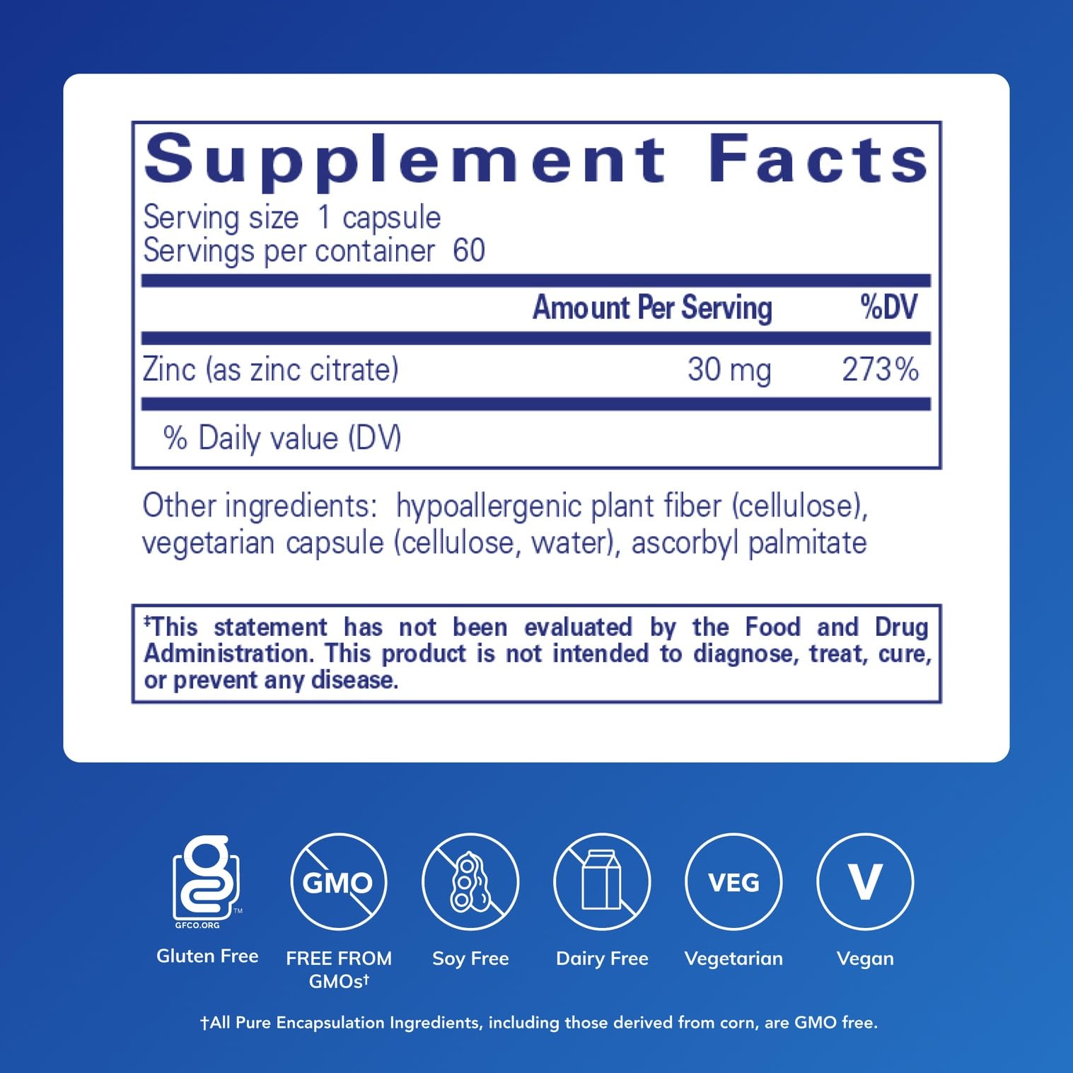 Pure Encapsulations Zinc citrate capsules shown for daily vegan-friendly use.