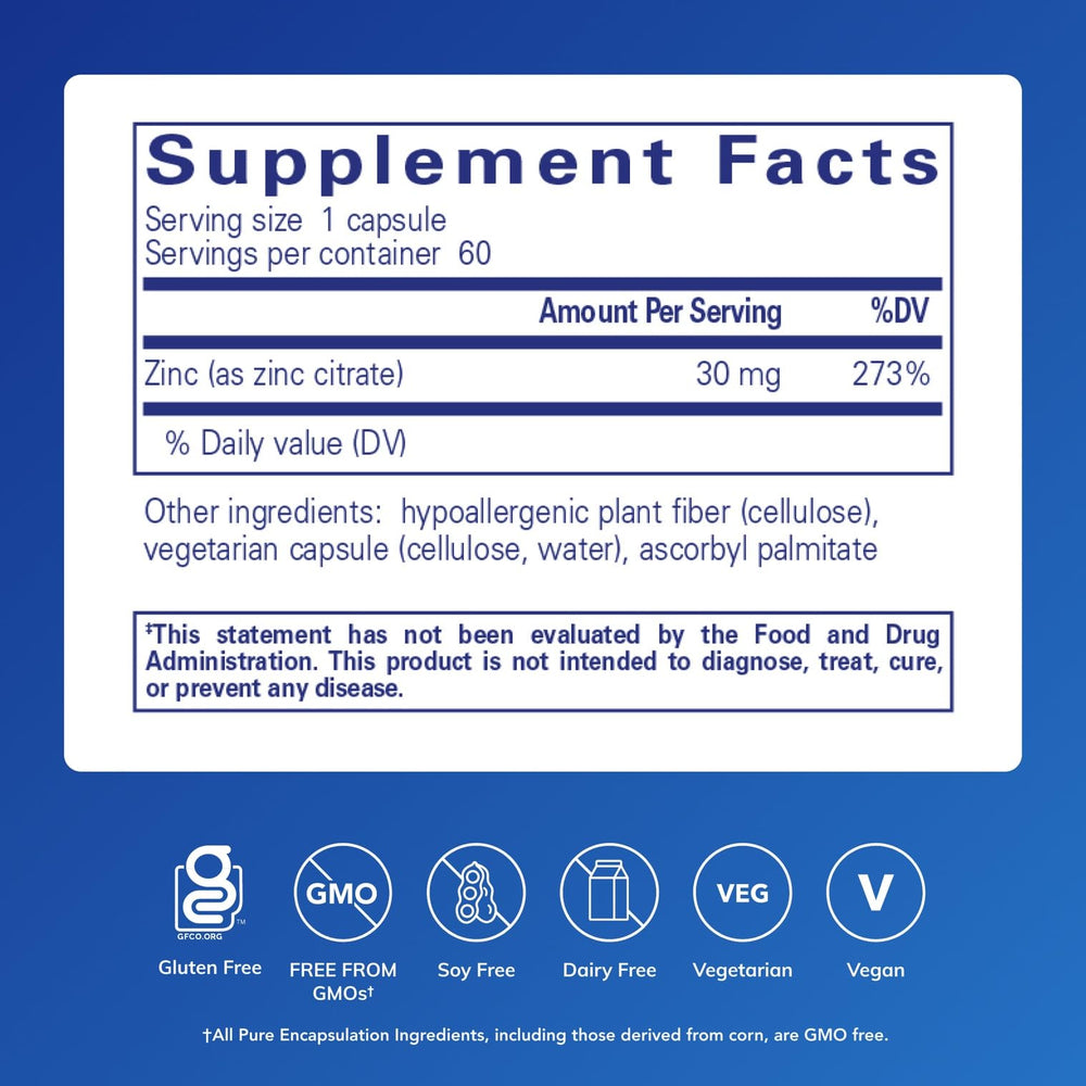 Pure Encapsulations Zinc citrate capsules shown for daily vegan-friendly use.
