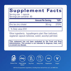 Pure Encapsulations Zinc citrate capsules shown for daily vegan-friendly use.