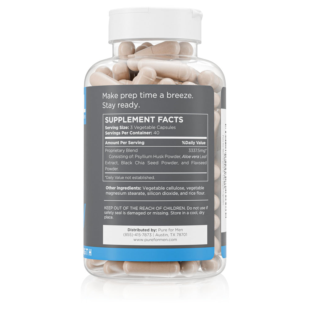Pure for Men Stay Ready Fiber bottle illustration conveys clean, confident gut health