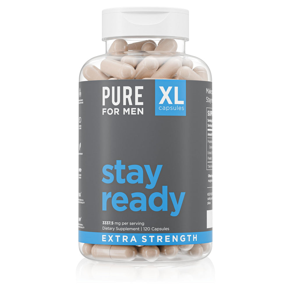 Pure for Men Stay Ready Fiber bottle with extra-strength formula supports regularity