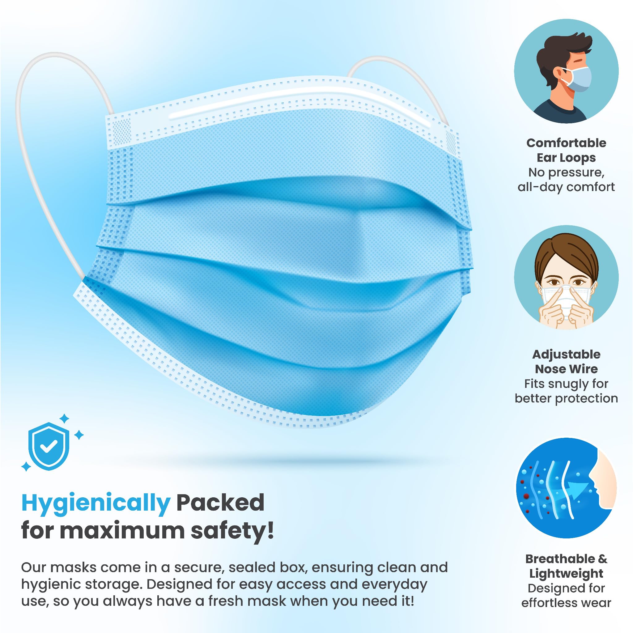 Pure Gem 3-ply disposable mask provides quick, convenient coverage on the go.
