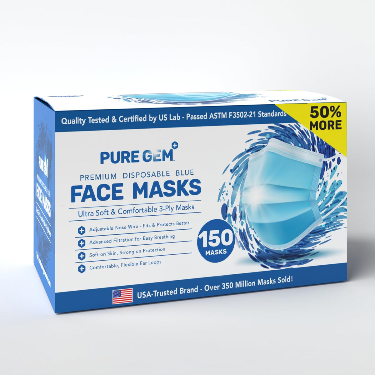 Pure Gem pack150 blue face mask ready for daily wear at home, work, or school.