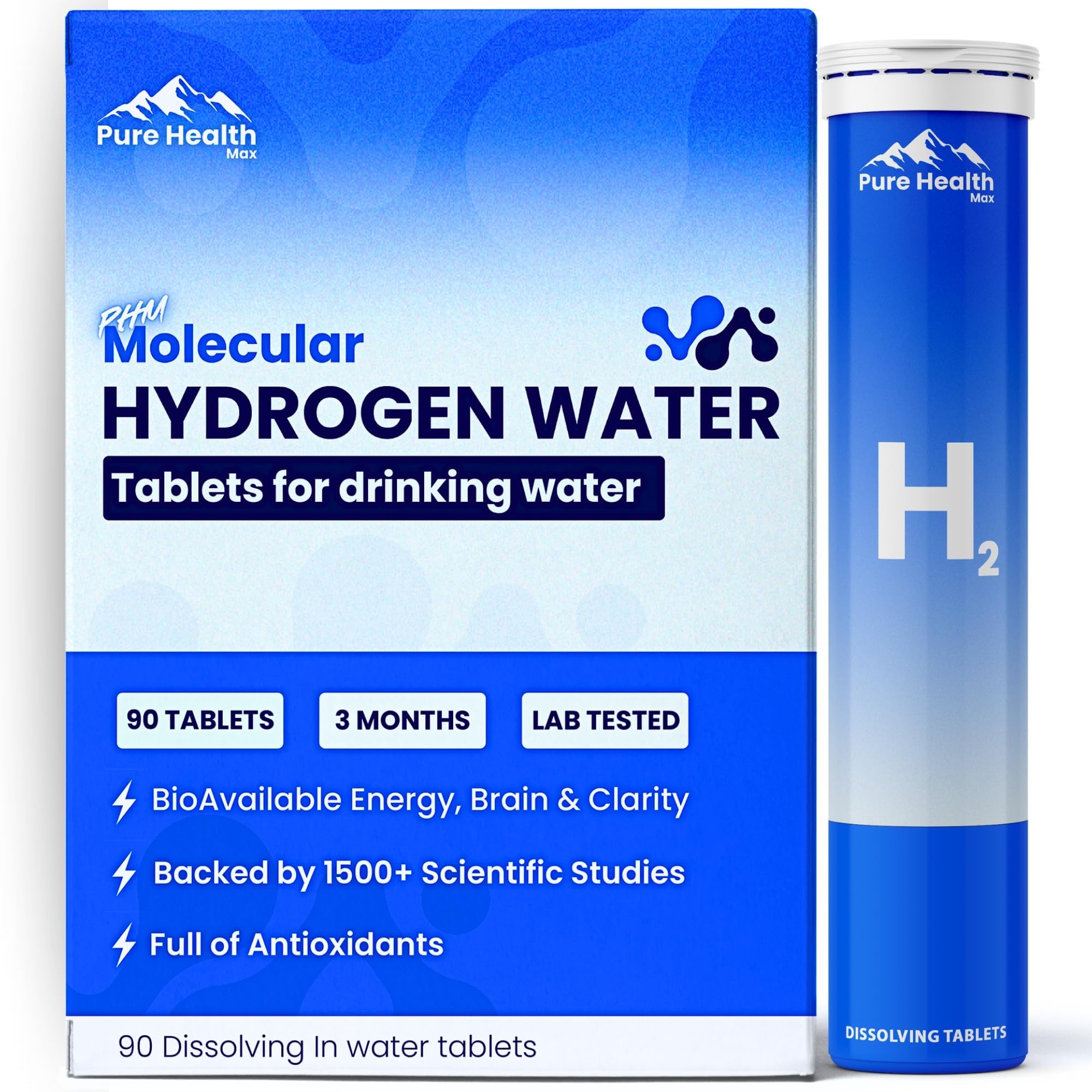 Pure Health Max PHM hydrogen water tubes packaging for convenient daily hydration.