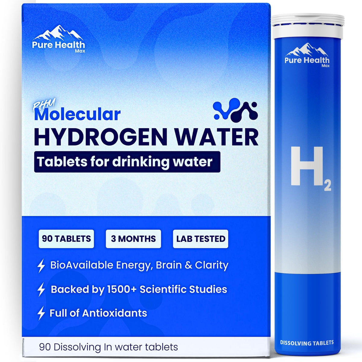 Pure Health Max PHM hydrogen water tubes packaging for convenient daily hydration.