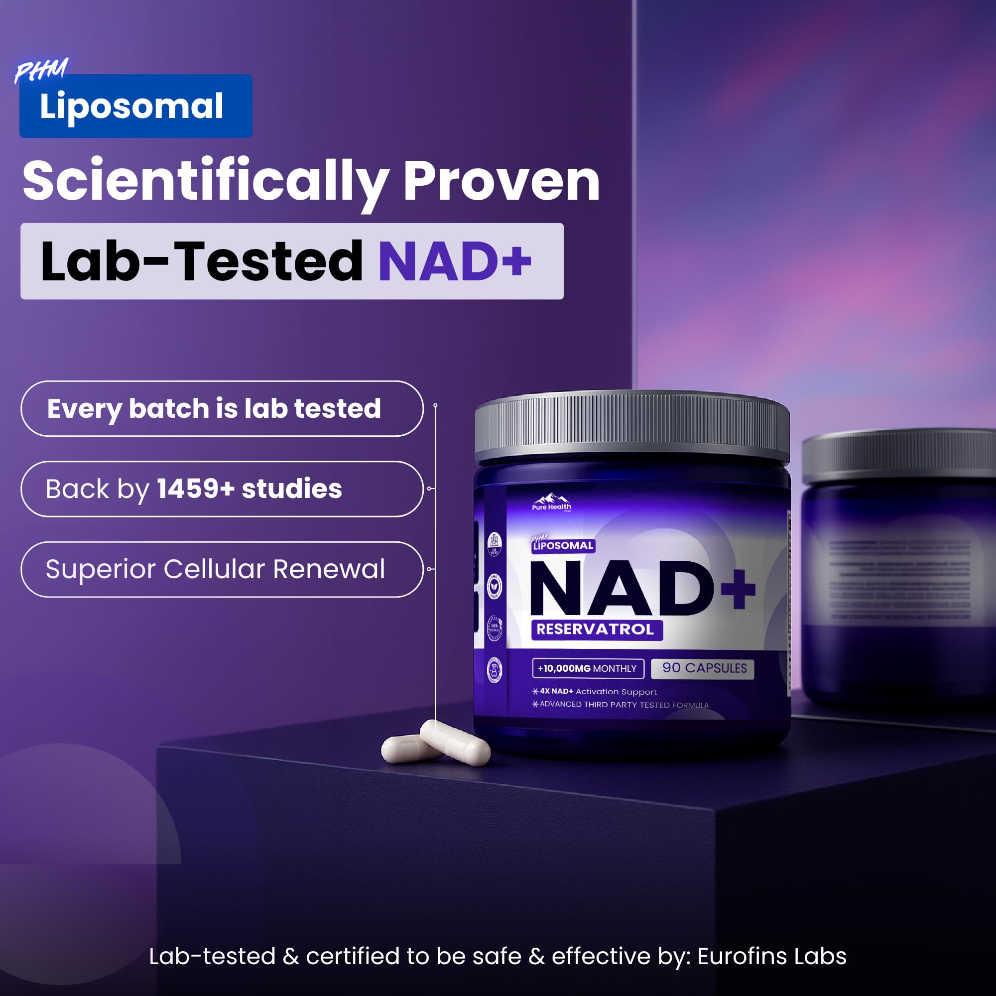 Closeup of capsules showing liposomal NAD+ delivery for better absorption.