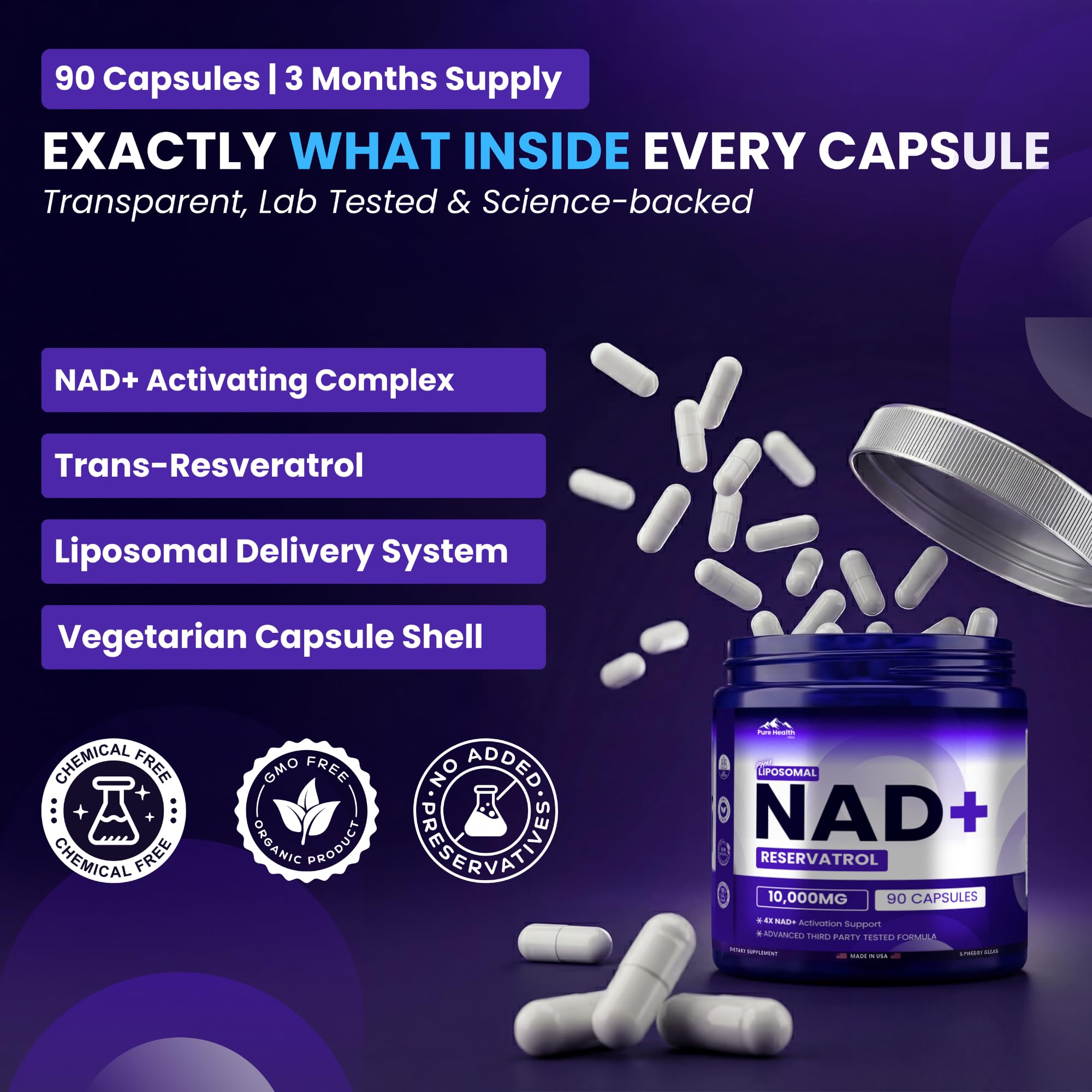 Label emphasizes NMN/NMNH alternative and antioxidant blend.