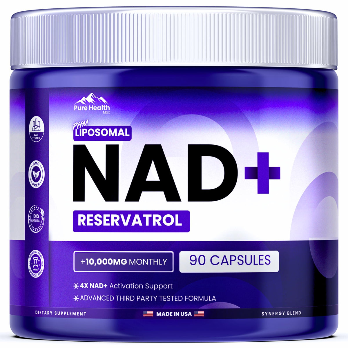 PURE HEALTH MAX PHM NAD Resveratrol supplement bottle for daily energy and focus.