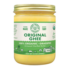 Pure Indian Foods ghee in a glass jar on a kitchen shelf, gourmet pantry staple