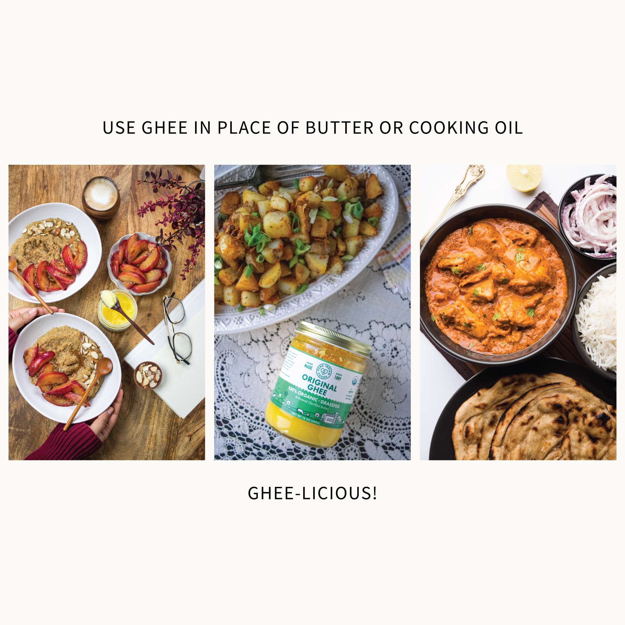 Ghee sizzling in a skillet from Pure Indian Foods for high-heat cooking