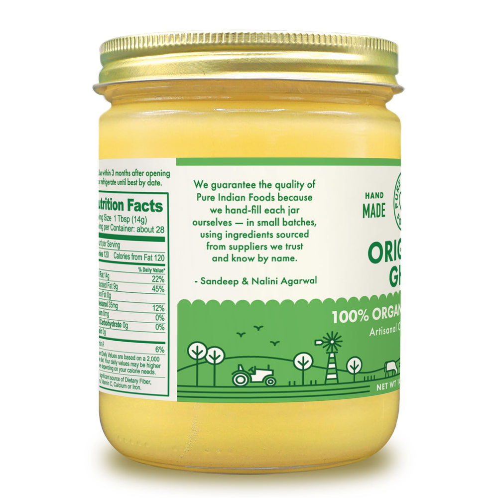 USA-made Pure Indian Foods ghee bottle with organic seal on kitchen counter