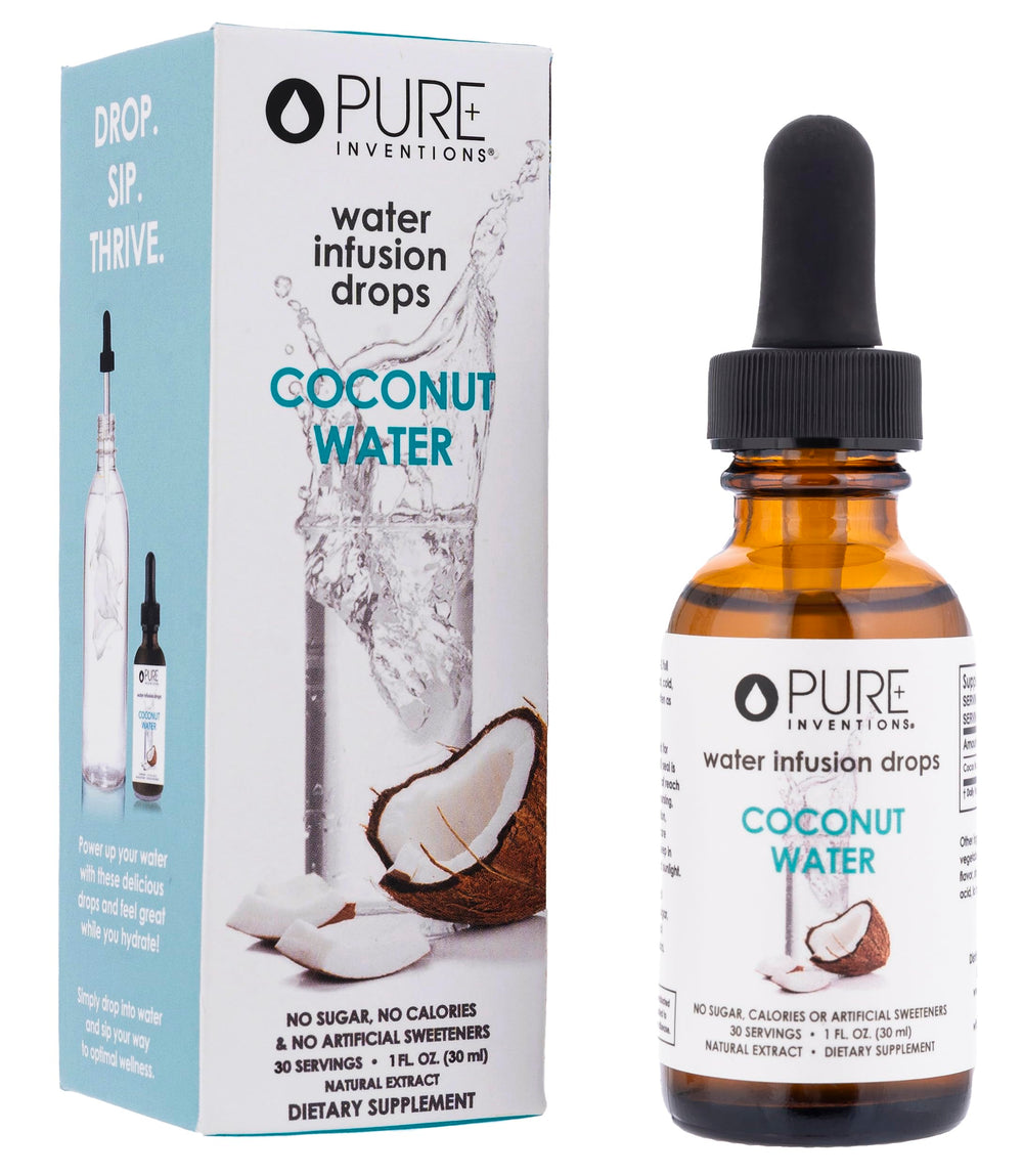 Pure Inventions Coconut Water Infusion Drops bottle ready for quick electrolyte hydration.
