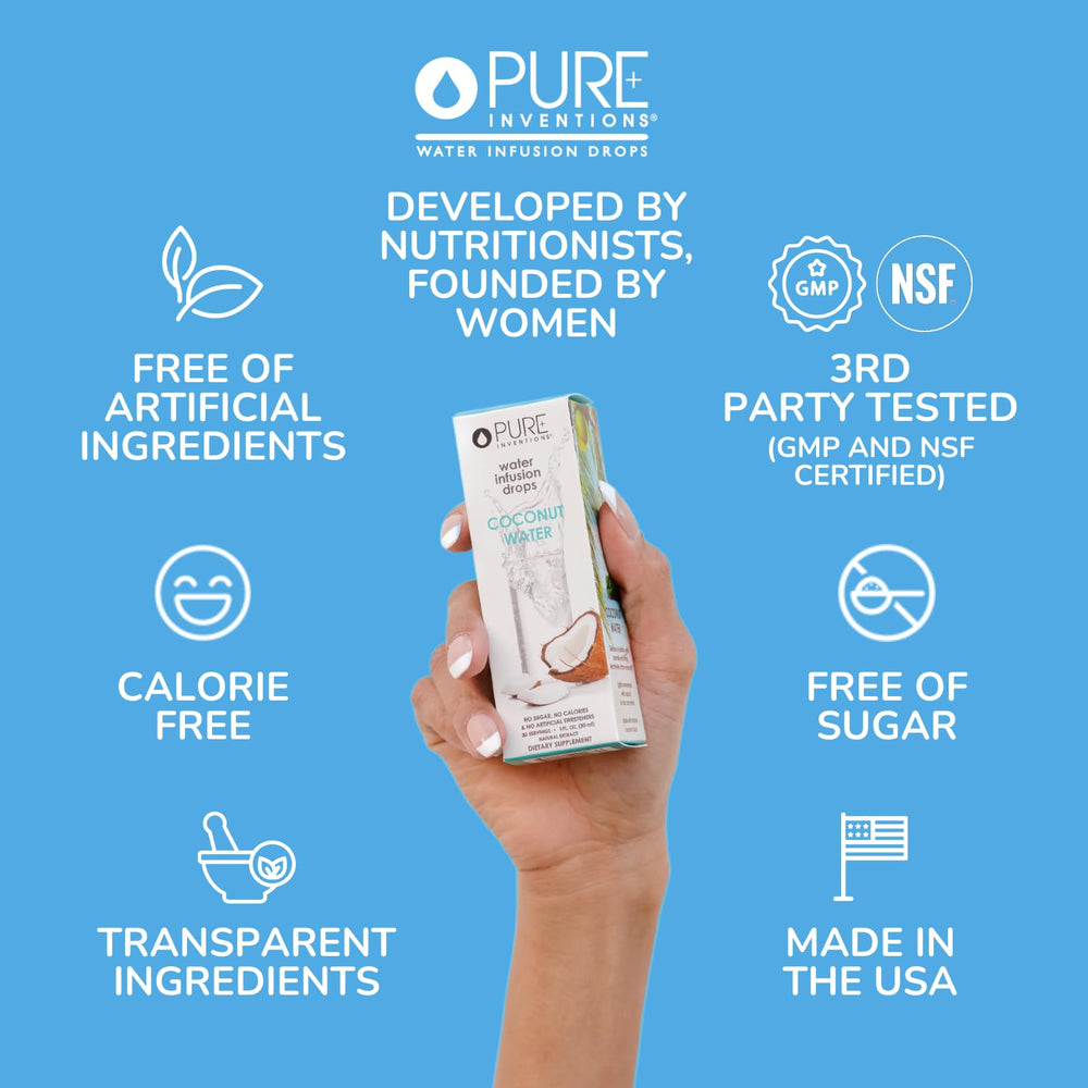 Close-up of Pure Inventions Coconut Water Infusion Drops glass bottle highlighting clean ingredients.