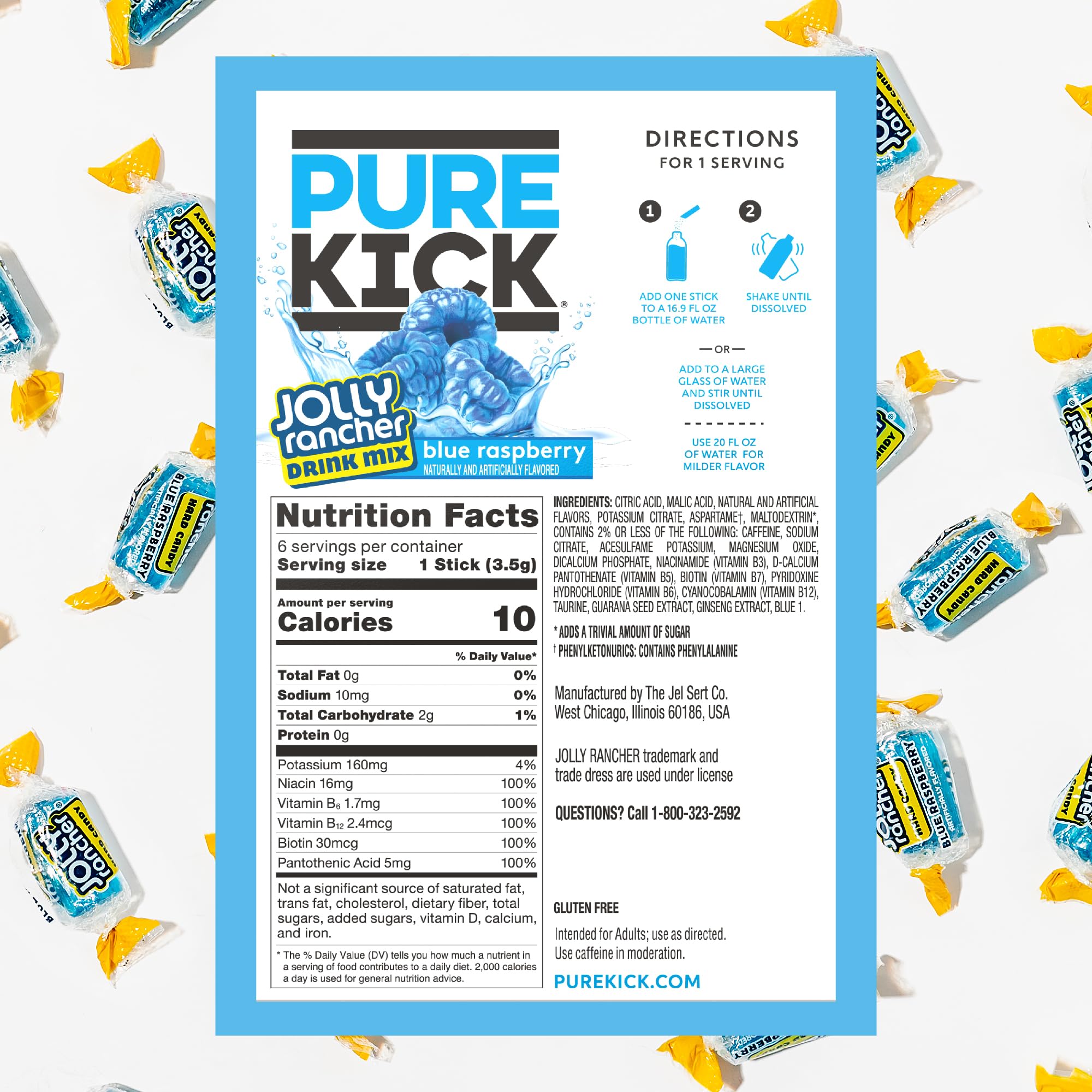Blue raspberry Pure Kick stick shown inside convenient box.