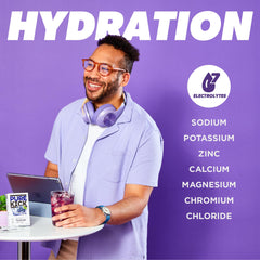 PURE KICK Concord Grape dissolving in water demonstrates easy, zero-sugar hydration.