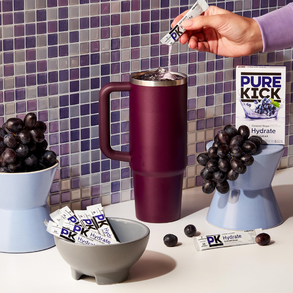 PURE KICK Concord Grape energy-boost highlights caffeine and hydration on the move.