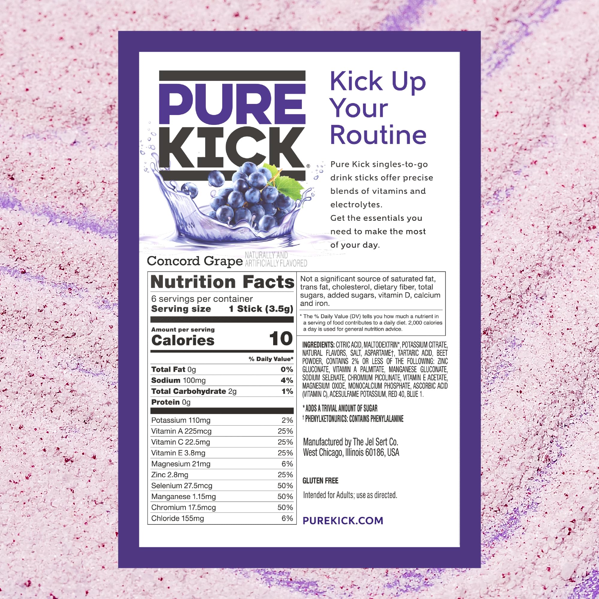 PURE KICK Concord Grape packet open showing portable flavor and energy.