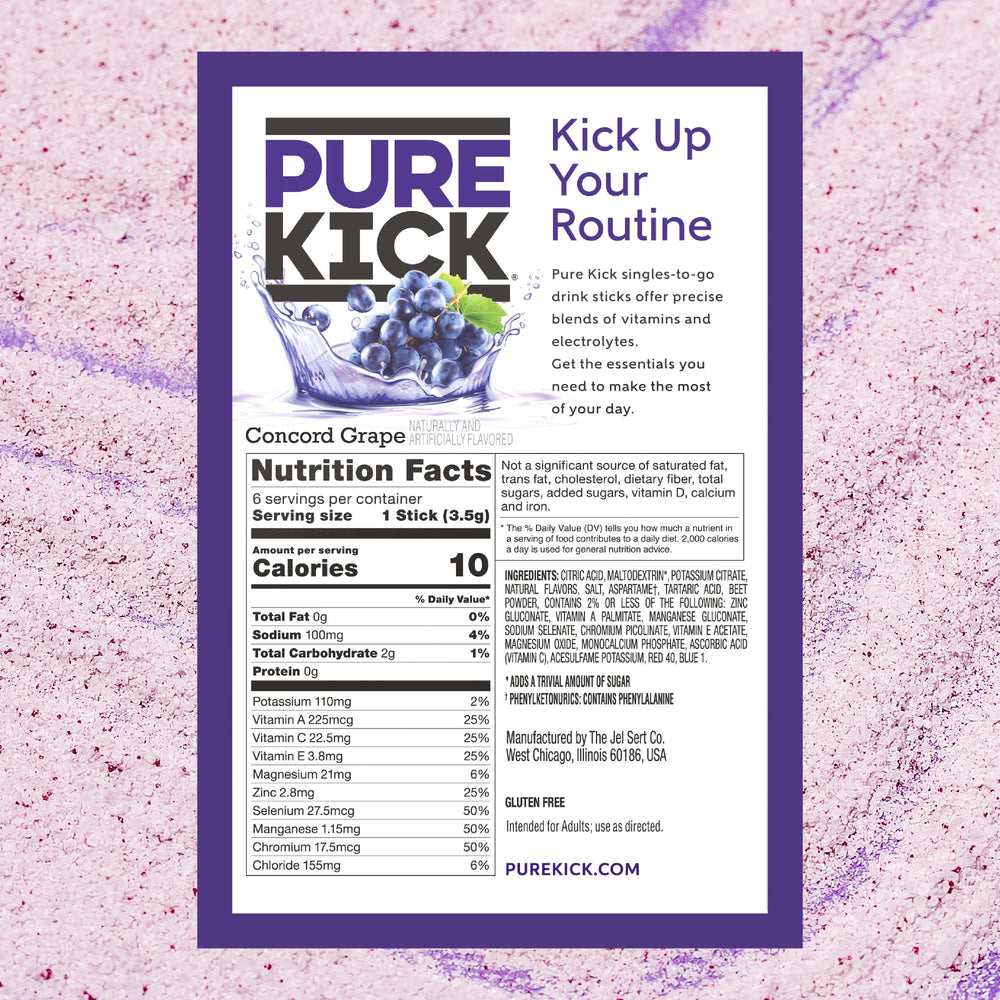 PURE KICK Concord Grape packet open showing portable flavor and energy.