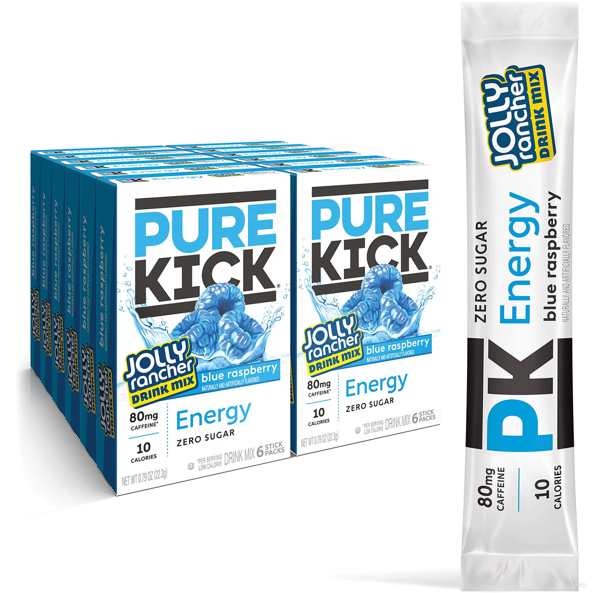 Pure Kick energy packet with blue raspberry, ready to mix.