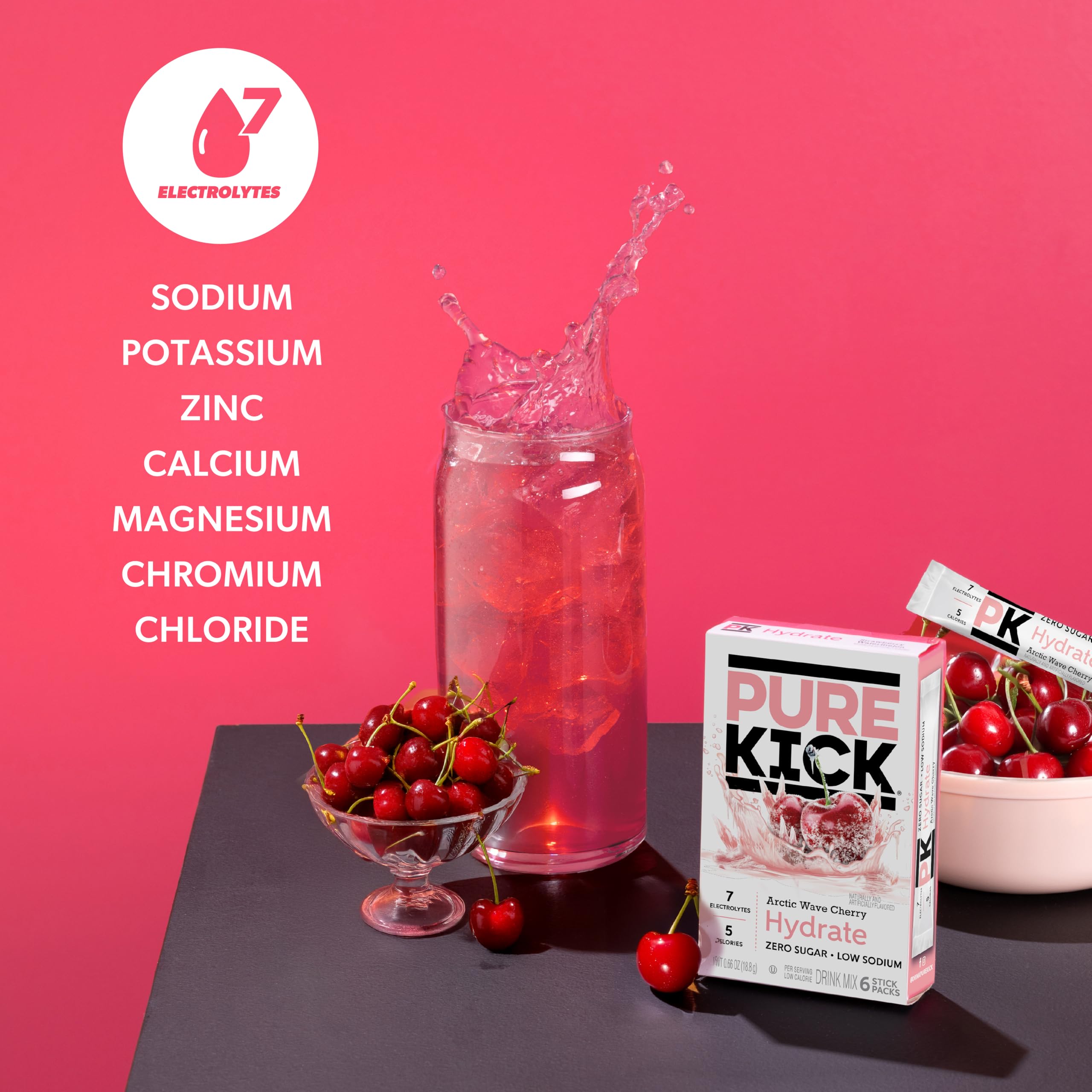 Pure Kick Hydration Arctic Wave Cherry dissolving in water for refreshing taste.