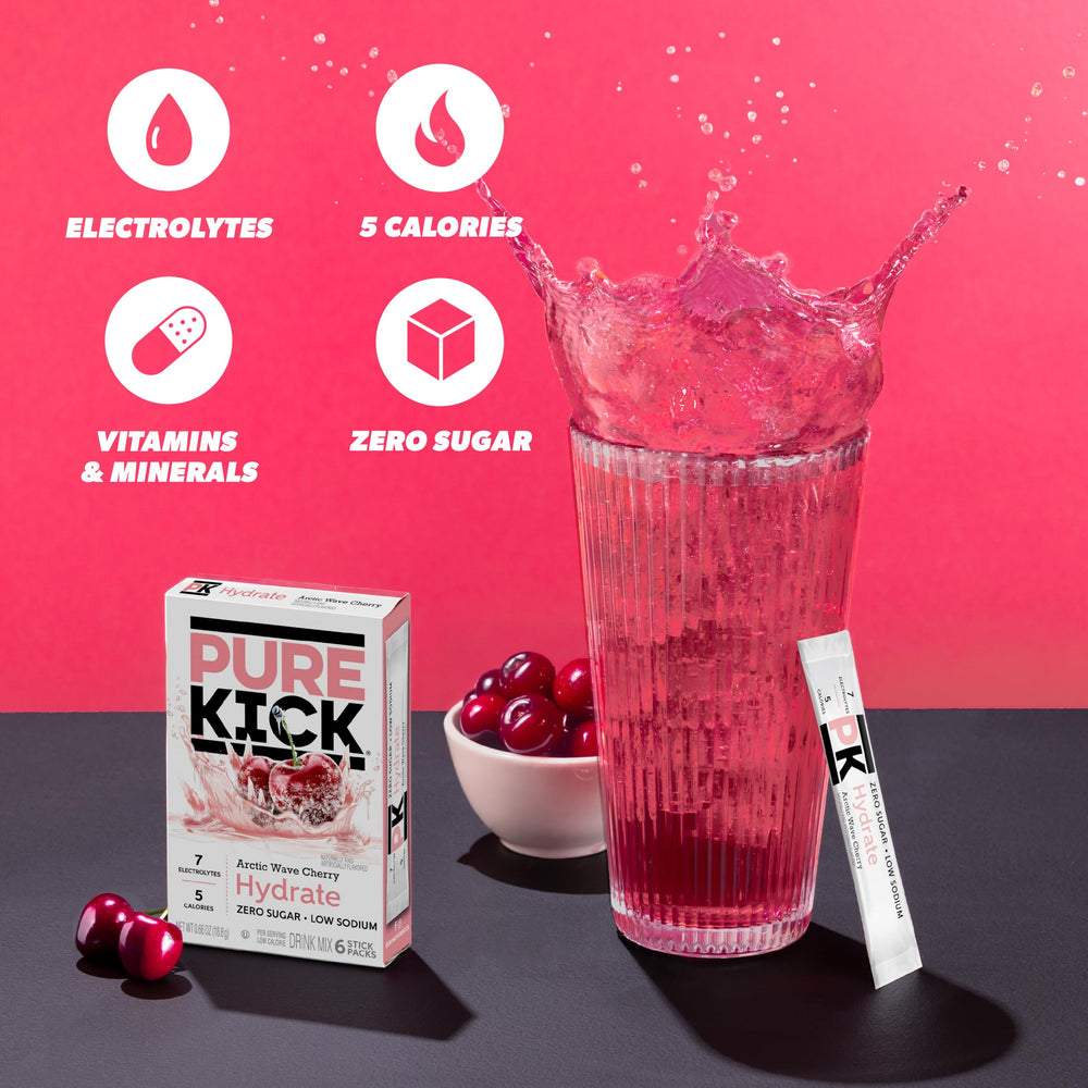 Pure Kick Hydration Arctic Wave Cherry on a store shelf display.