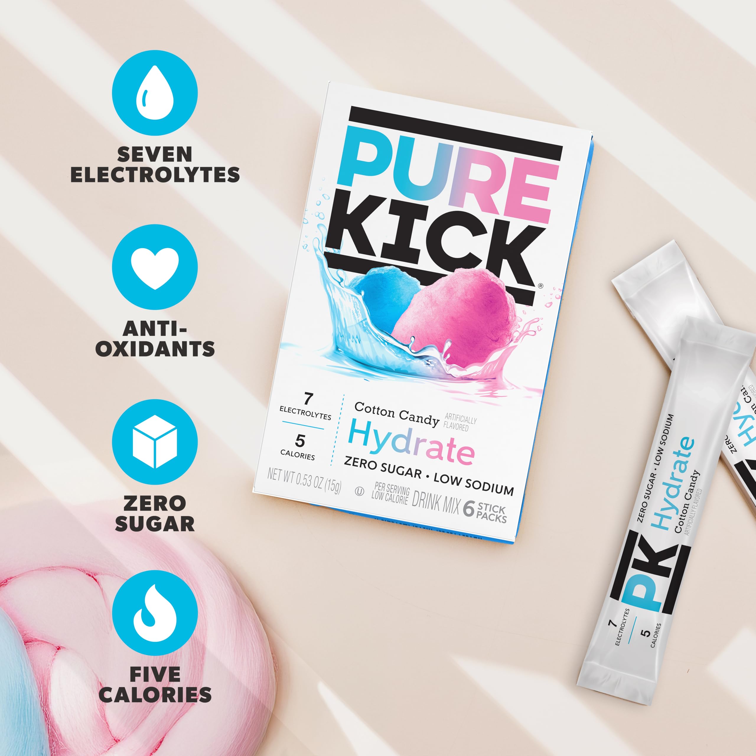 Pure Kick Hydration Cotton Candy box packaging showing 12 boxes