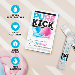Pure Kick Hydration Cotton Candy box packaging showing 12 boxes