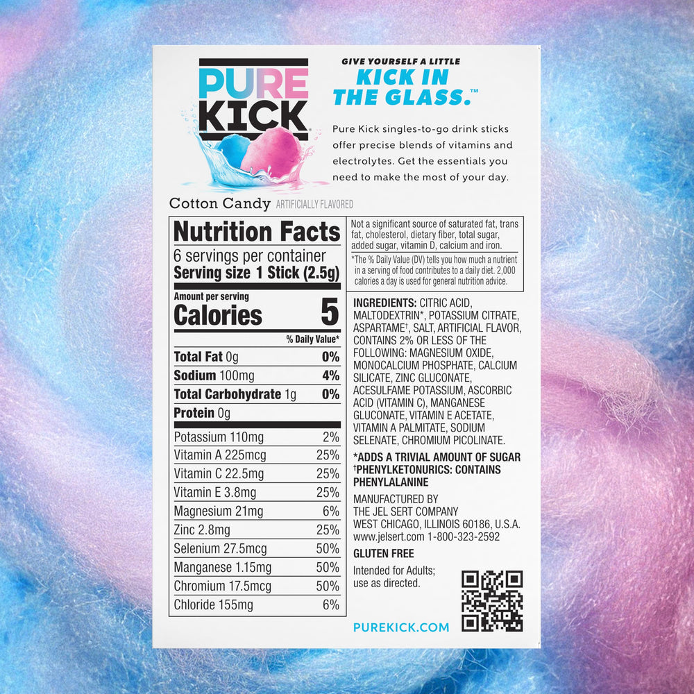 Pure Kick Hydration Cotton Candy mix in a water bottle for bold flavor