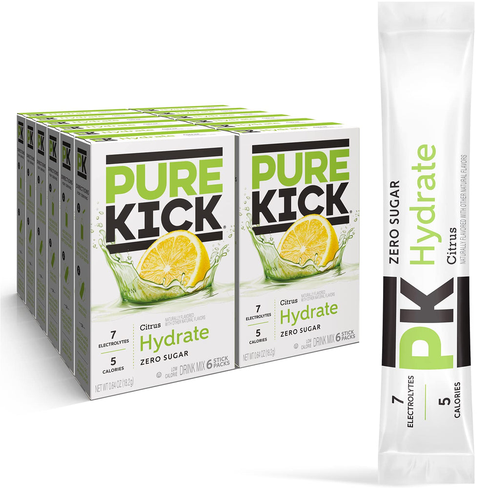 Pure Kick Hydration Citrus bottle pour demonstrates quick on-the-go hydration