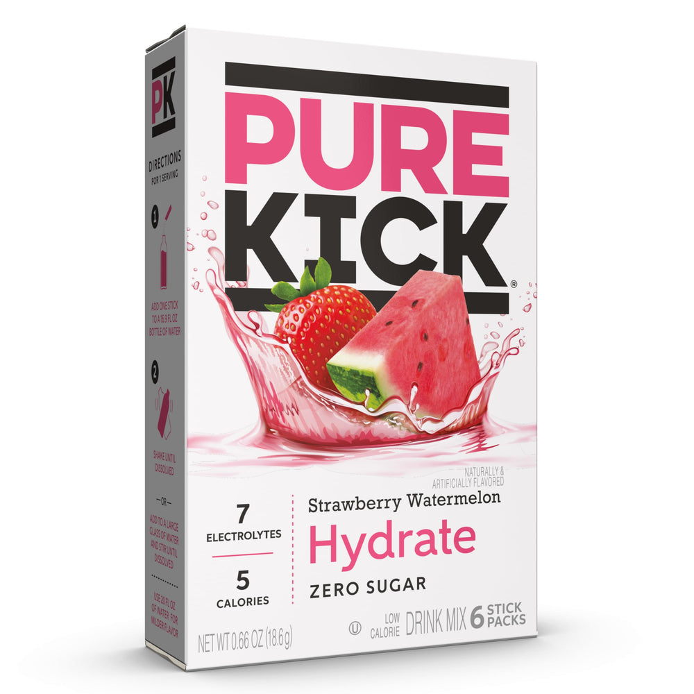 Pure Kick Hydration Strawberry Watermelon packet open for on-the-go hydration