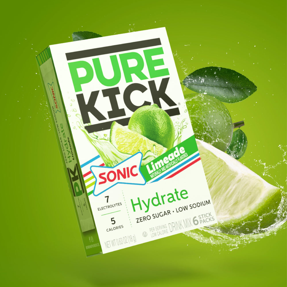 Pouring Pure Kick Sonic Limeade into water for refreshing taste