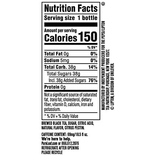 Pure Leaf Iced Tea lemon label close-up highlighting natural ingredients.