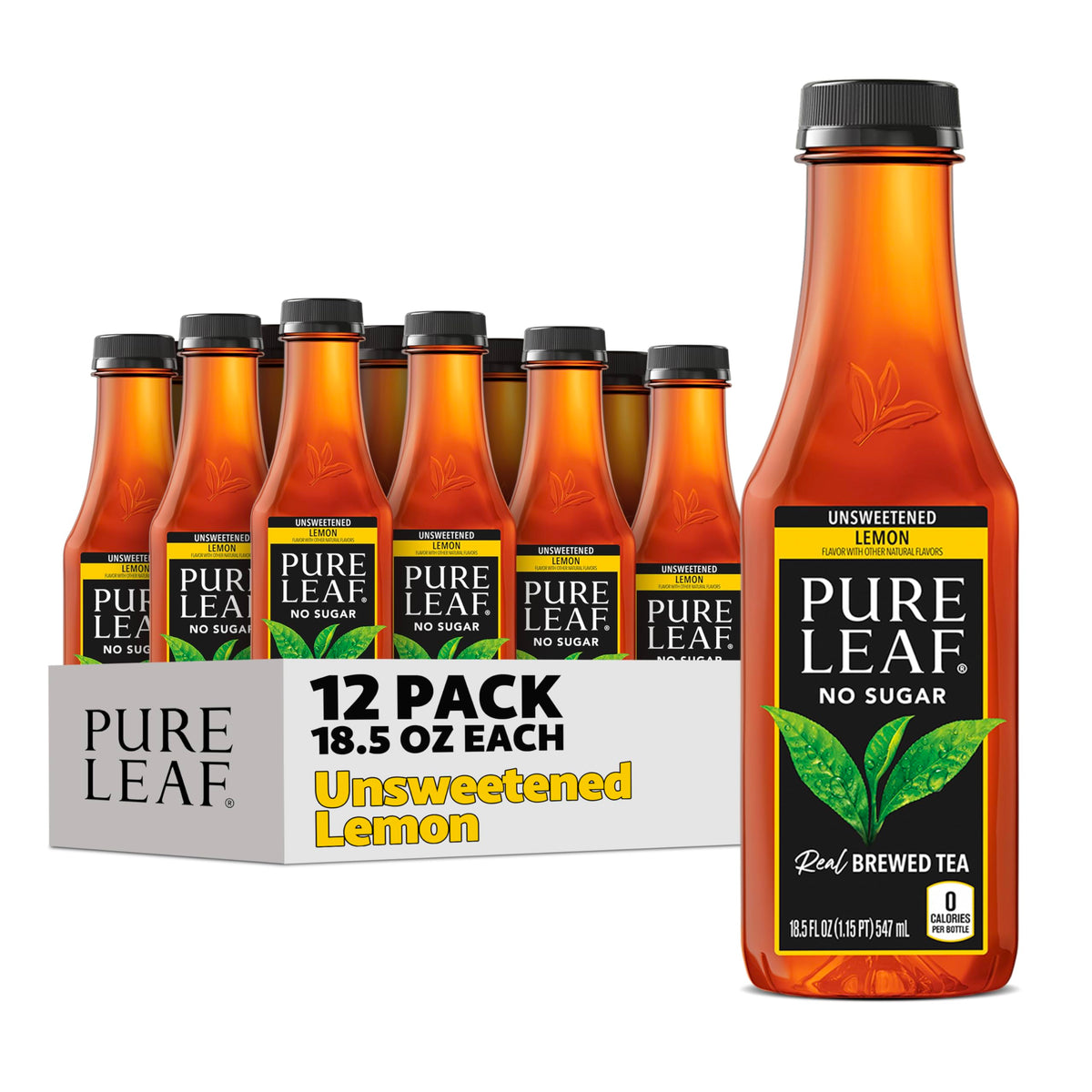 Pure Leaf Lemon Iced Tea bottle, unsweetened and zero calories for refreshment.