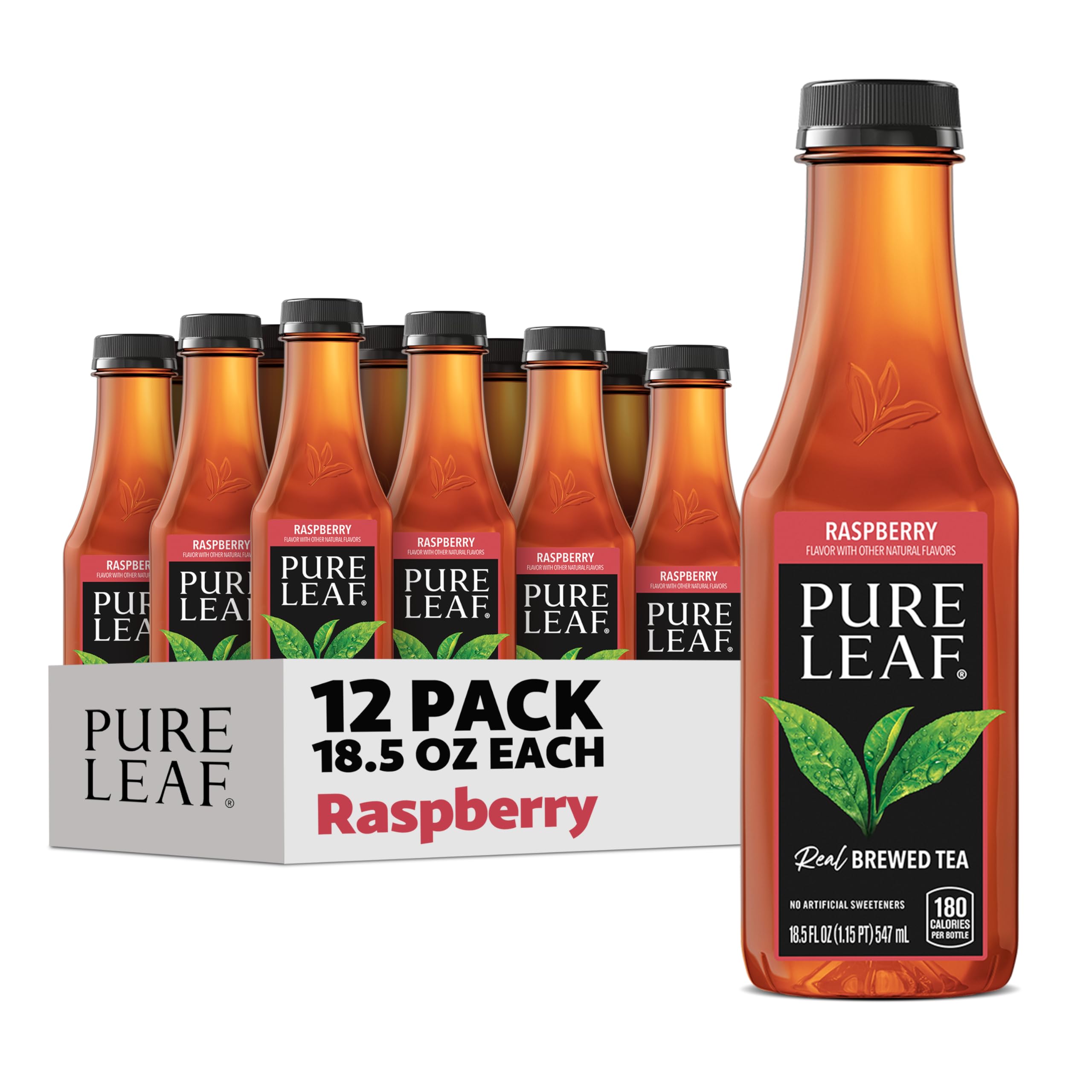 Pure Leaf Raspberry Iced Tea bottle close-up highlighting real-brewed flavor.