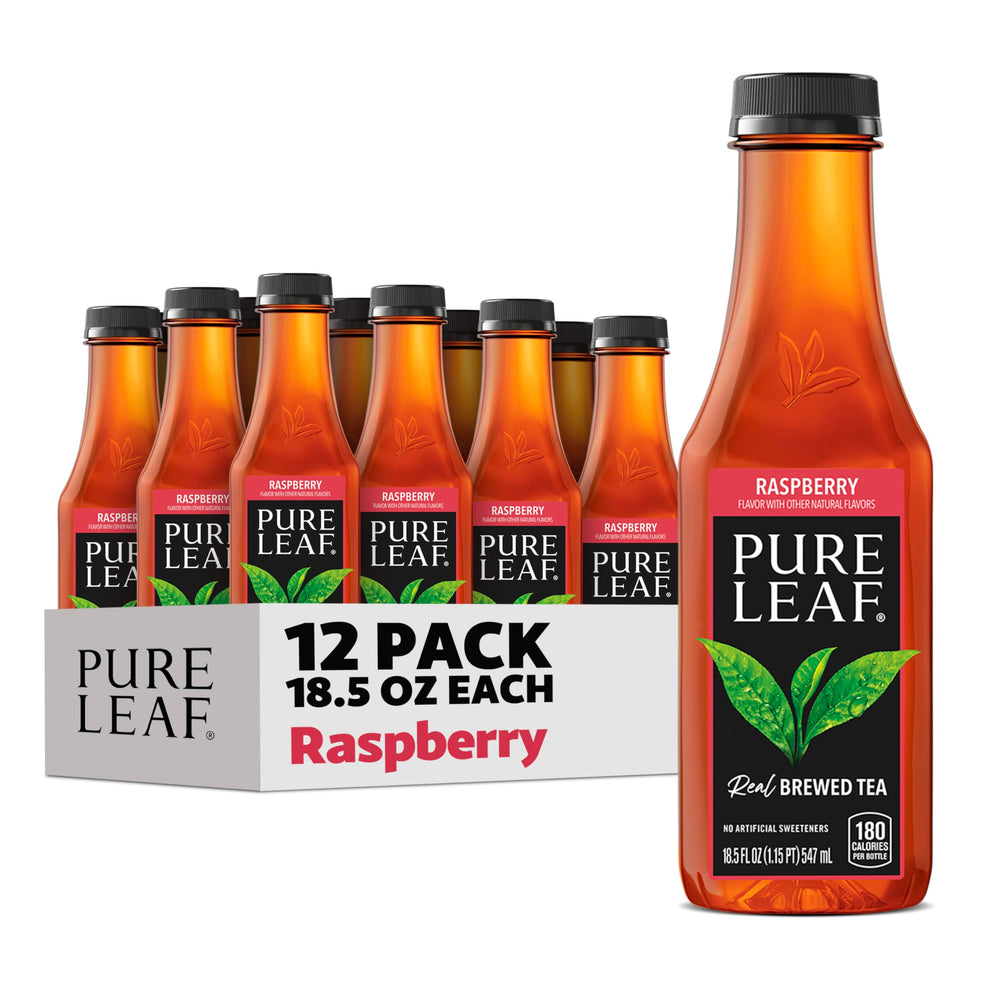 Pure Leaf Raspberry Iced Tea bottle close-up highlighting real-brewed flavor.