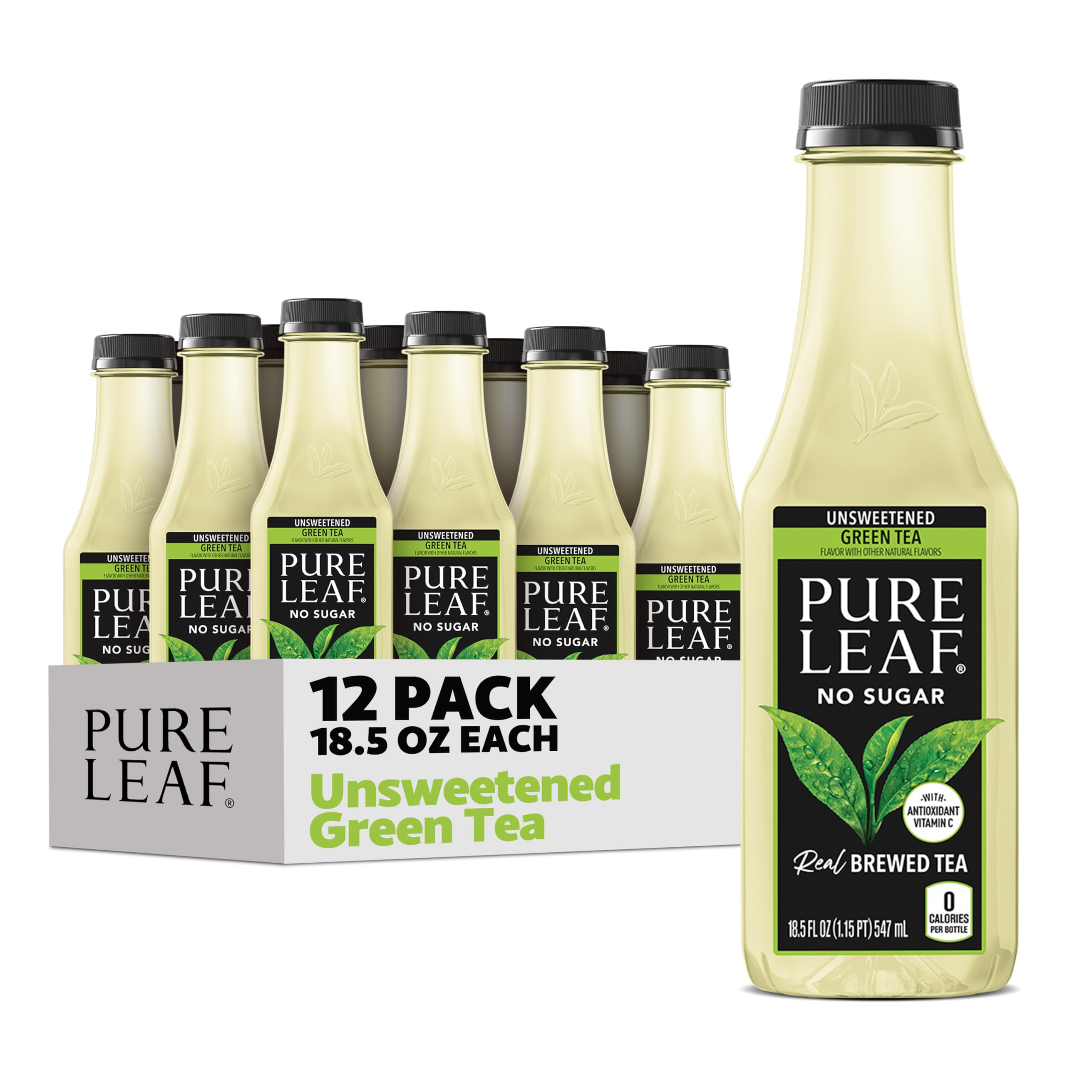 Pure Leaf unsweetened green tea bottle poured for a refreshing, zero-calorie break