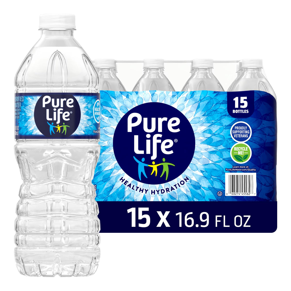 Pure Life 15-pack bottles case showcases convenient family hydration on the go.