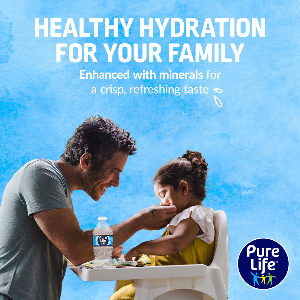 Pure Life purified water bottle pour highlights a crisp taste for refreshment.