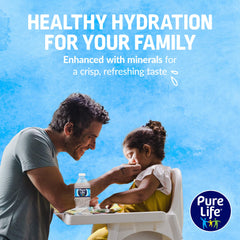Pure Life purified water bottle pour highlights a crisp taste for refreshment.