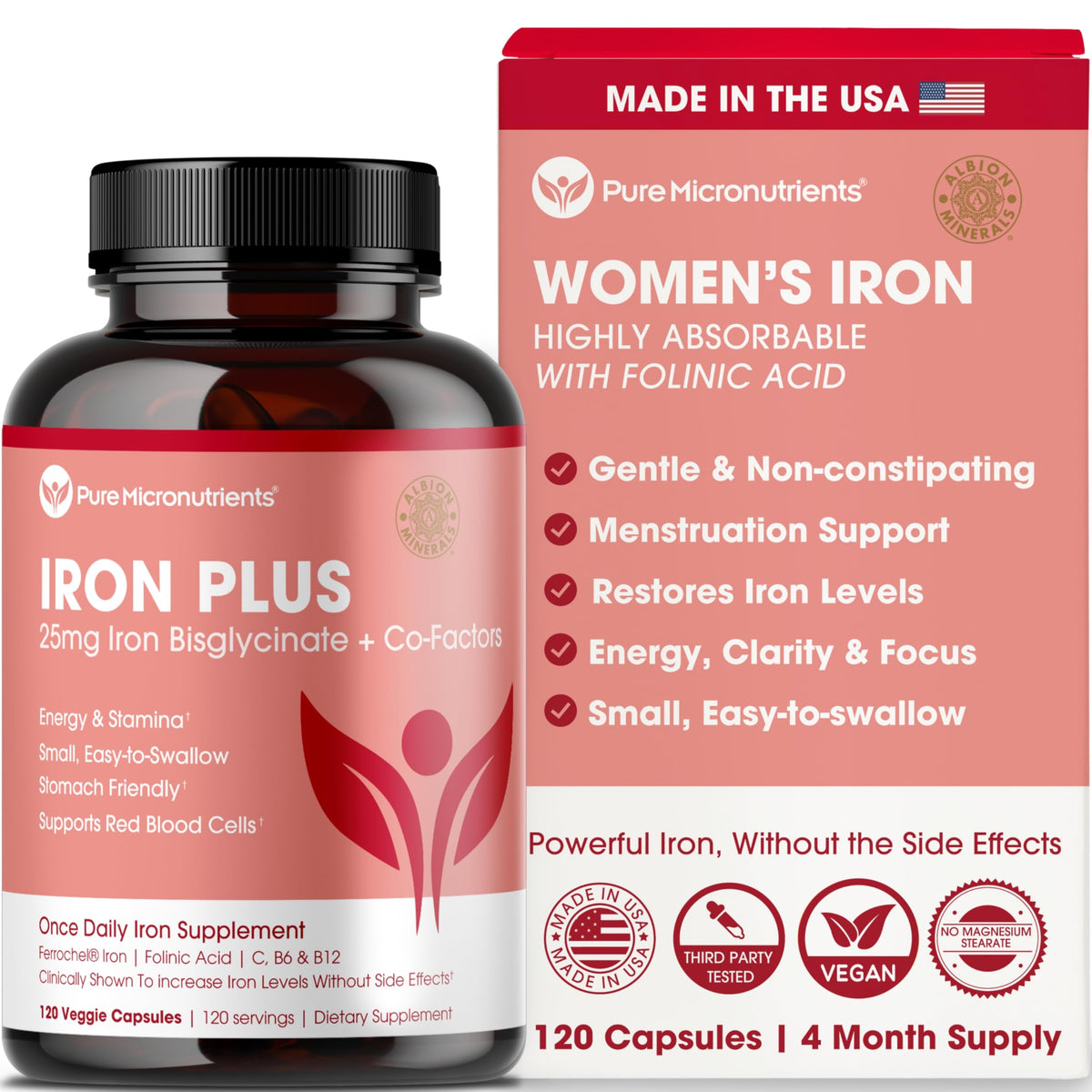 Pure Micronutrients iron bisglycinate bottle promotes gentle iron support.