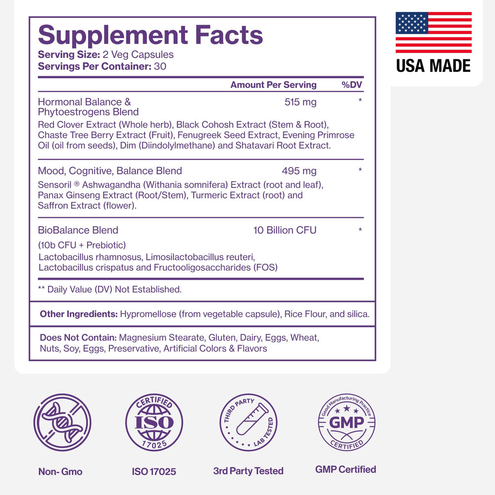 Pure Micronutrients menopause bottle with sensoril ashwagandha highlight for stress support.