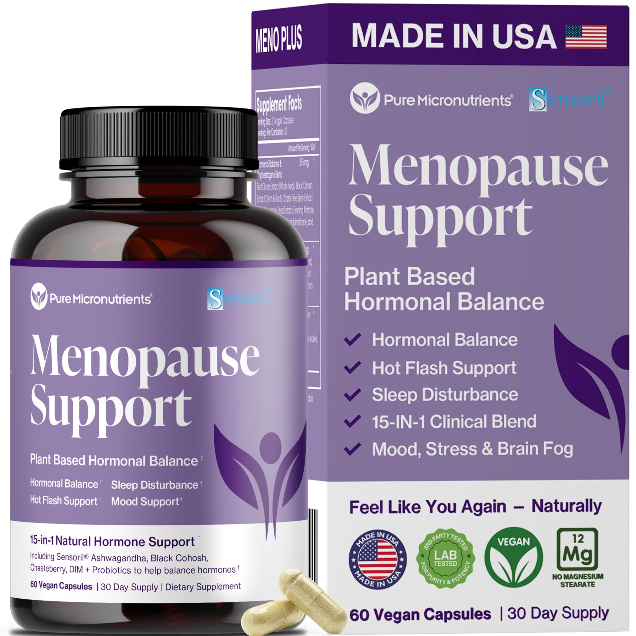 Pure Micronutrients menopause bottle front showing label and key ingredients for balance.
