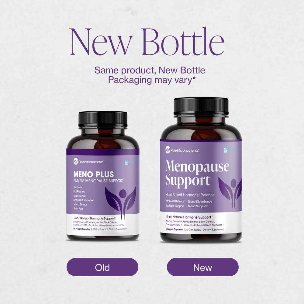 Pure Micronutrients menopause bottle with glass of water for nightly use.