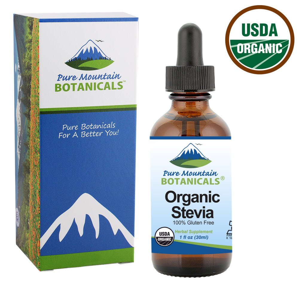Pure Mountain Botanicals 1oz glass bottle stevia, ready for use.