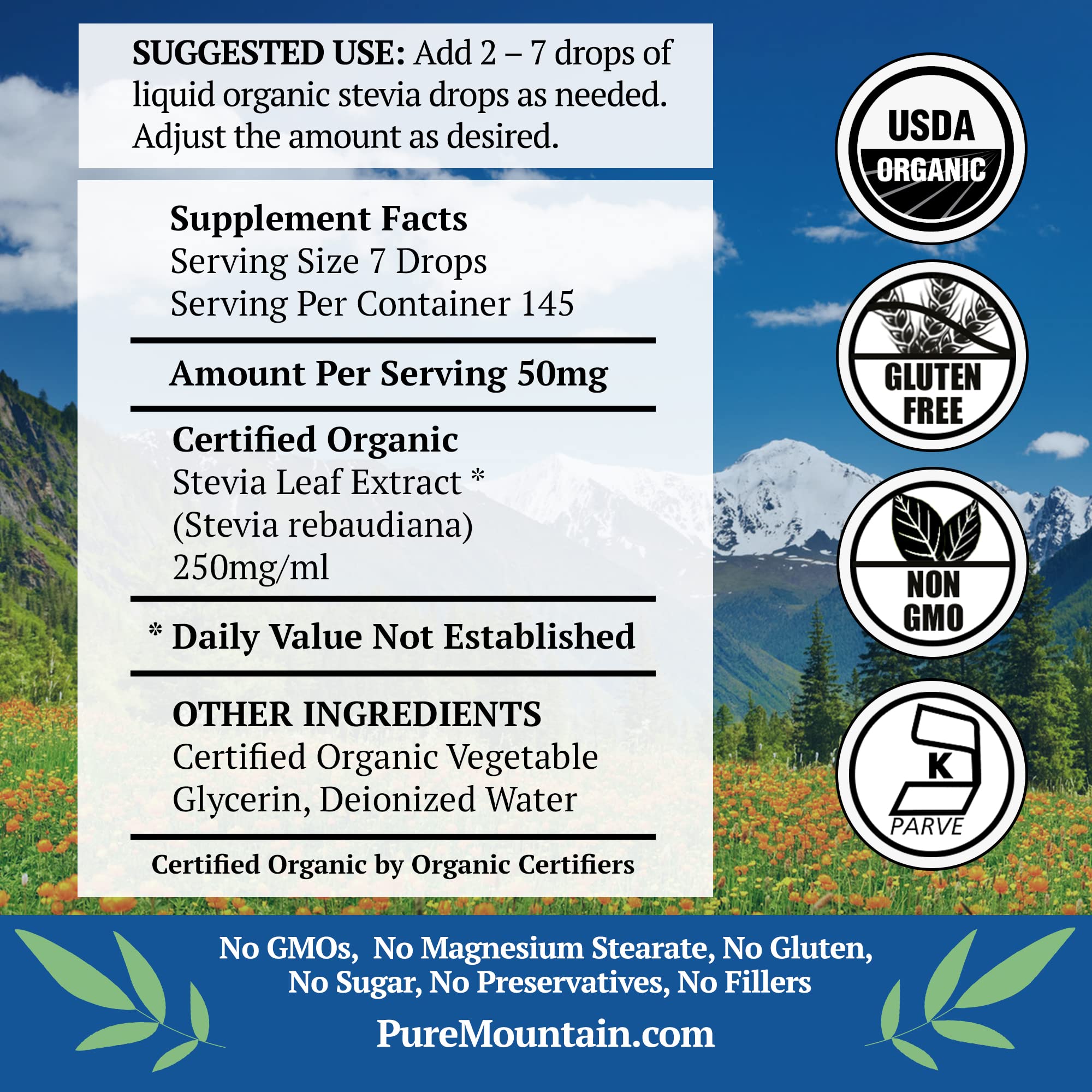 Pure Mountain Botanicals Kosher stevia liquid in a precise drop bottle.