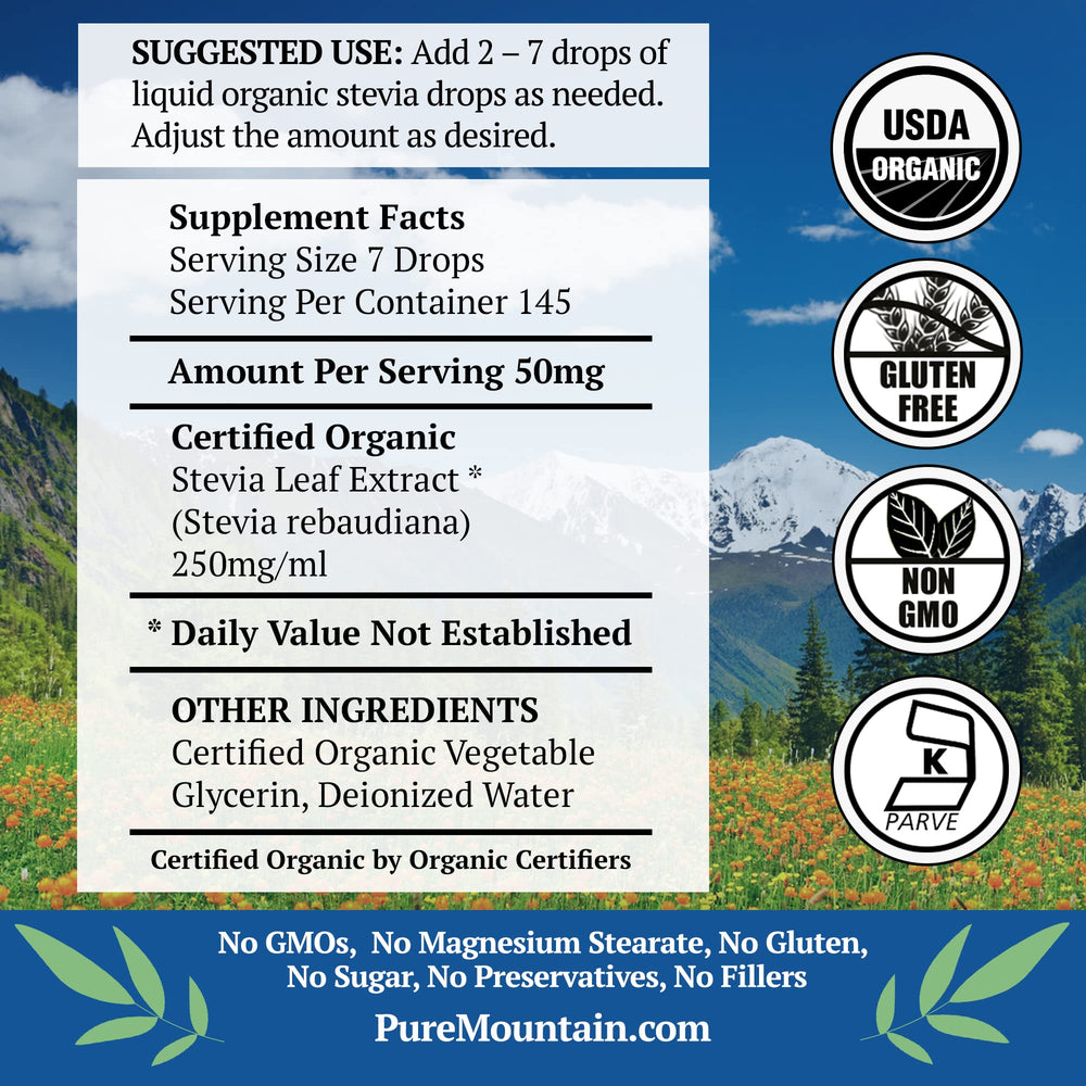 Pure Mountain Botanicals Kosher stevia liquid in a precise drop bottle.